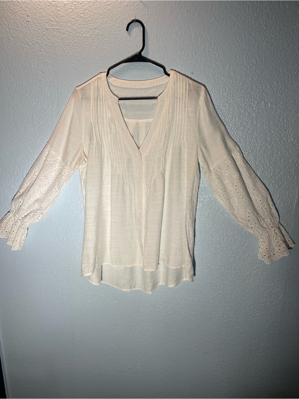 White V-Neck Eyelet Sleeve Peasant Blouse